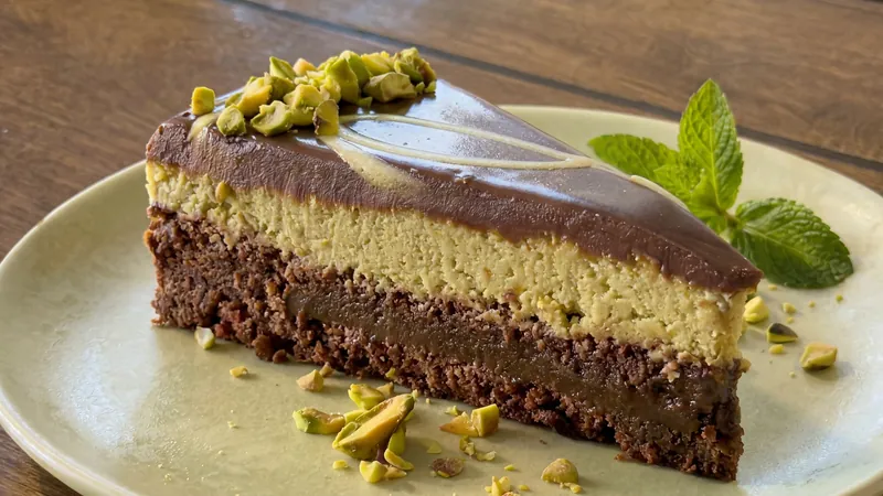 Dubai Chocolate Cake with pistachio cream and kataifi at Phoenician Garden in Fresno