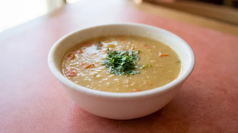A bowl of house-made lentil soup topped with chopped parsley