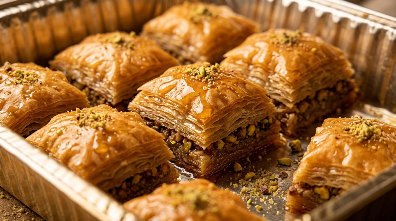 Baklava dessert tray with honey and nuts for wedding receptions