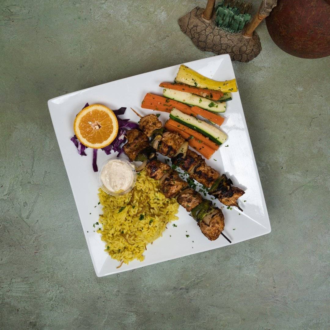 Chicken kebobs plate charbroiled at Phoenician Garden Fresno