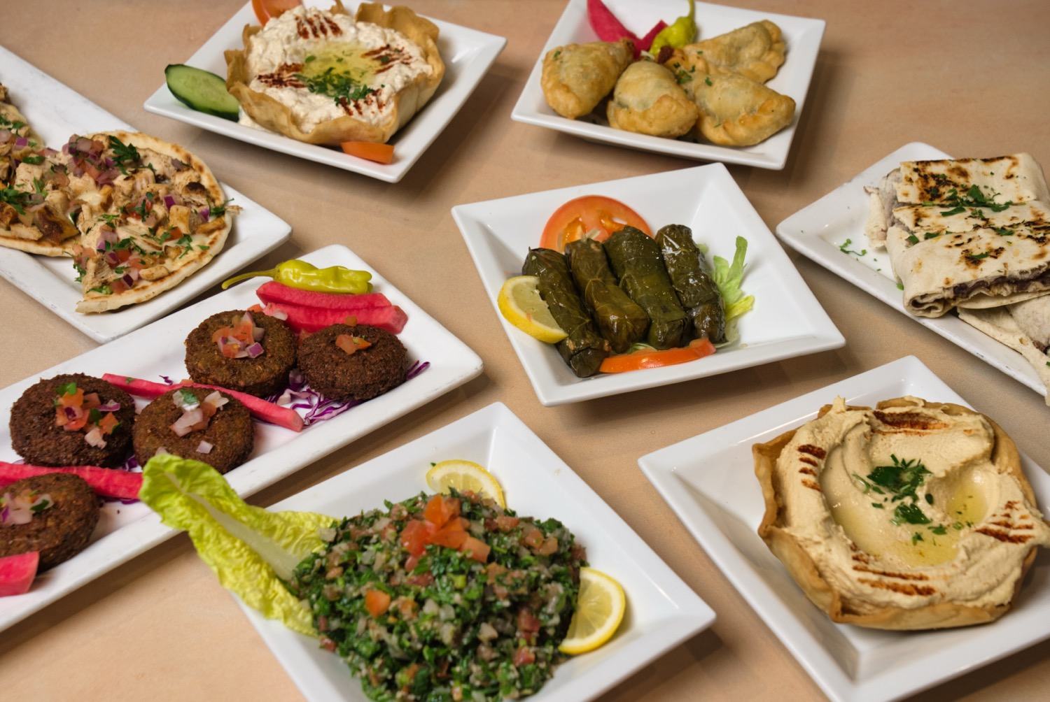 Family Mezza appetizer platter with hummus, baba ghannouj, tabbouleh, and pita