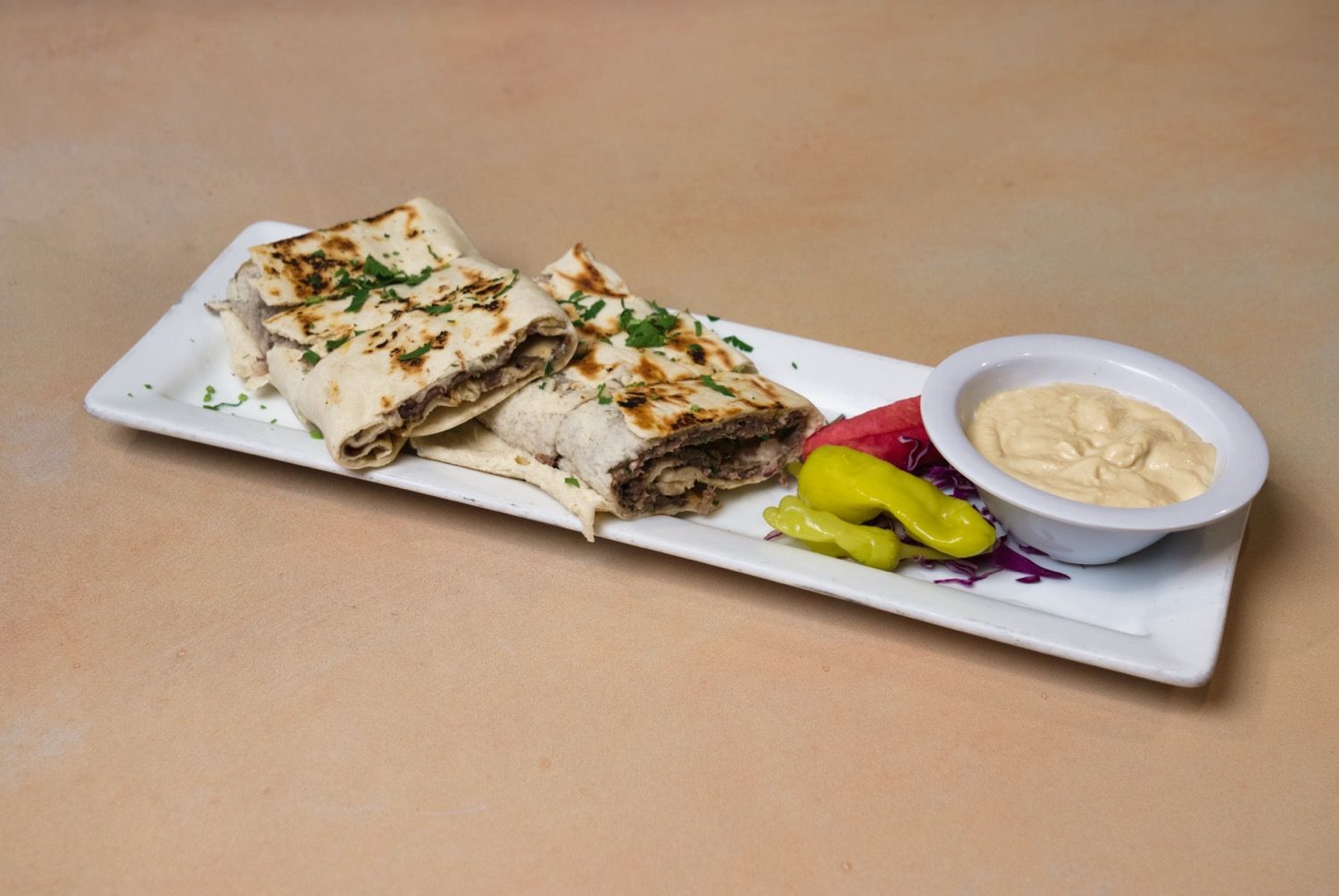 Lavash wrap with beef and lamb at Phoenician Garden Fresno