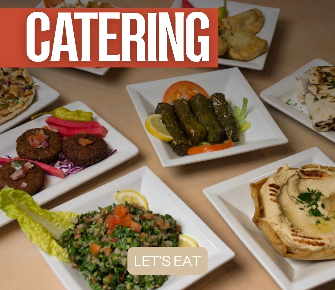 Mediterranean catering platter with kebobs, rice, salad, and pita bread from Phoenician Garden in Fresno